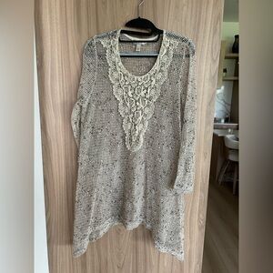 KRAZY KAT Tunic Coverup Top Size Large Oatmeal Beige Crochet Lace mesh lace